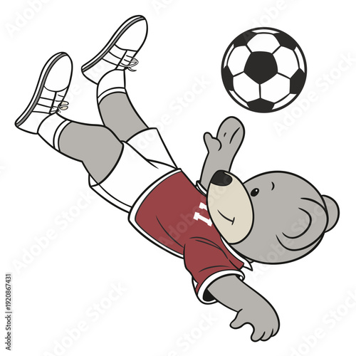 Cute teddy bear mascot in maroon soccer jersey performing bicycle kick, sports cartoon illustration.
