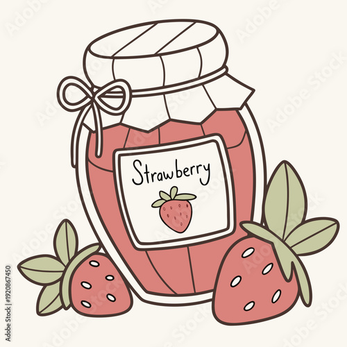Homemade strawberry jam jar with rustic lid and bow, fresh strawberries nearby, food illustration.
