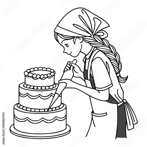 Young woman decorating multi-tiered cake with piping bag, black and white baking illustration.