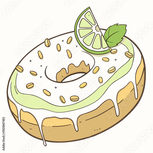 Frosted donut with lime slice and peanut toppings, sweet dessert cartoon illustration.