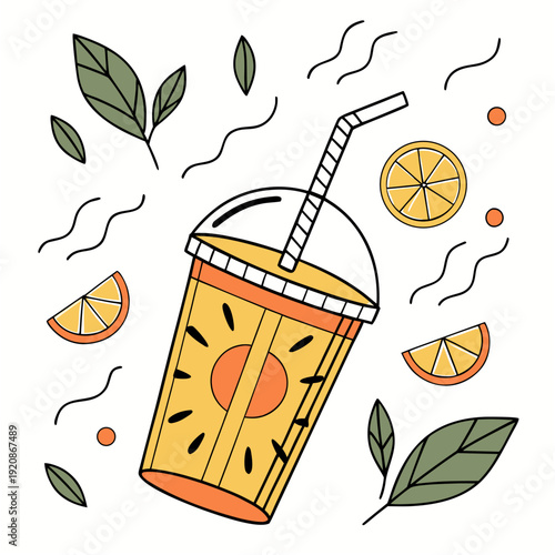Refreshing citrus beverage in takeout cup with straw, orange slices and leaves, summer drink illustration.