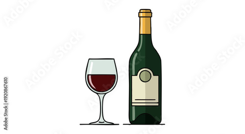 Red wine bottle and glass vector illustration. Minimalist flat design icon isolated on black background with copy space.