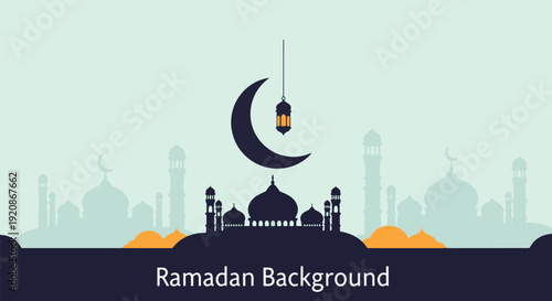 A serene Ramadan background with a crescent moon, a hanging lantern, and a silhouette of a mosque, evoking the spirit of the holy month. Islamic Background
