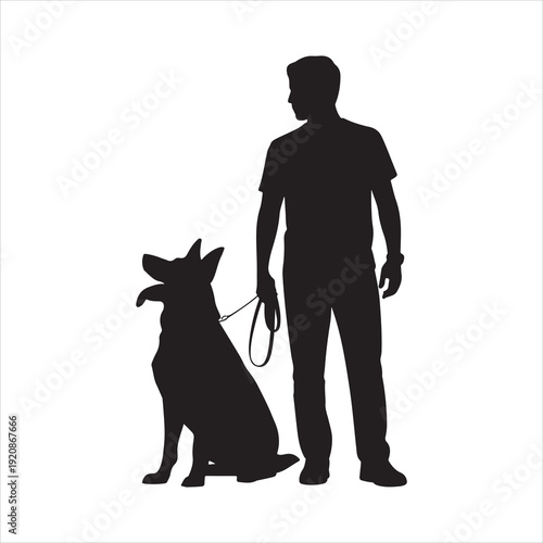 Silhouette of men dog trainer giving command to group of dog in sitting position. Dog Trainer Giving Command to Sitting Dogs Silhouette