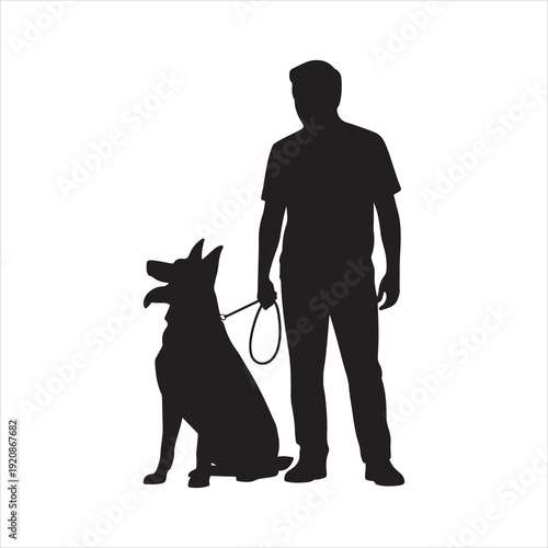 Silhouette of men dog trainer giving command to group of dog in sitting position. Dog Trainer Giving Command to Sitting Dogs Silhouette