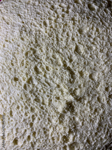 Close-up macro of fresh yeast dough with visible air bubbles and porous texture. Natural beige dough surface during fermentation. Abstract food background with organic pattern, baking process detail.
