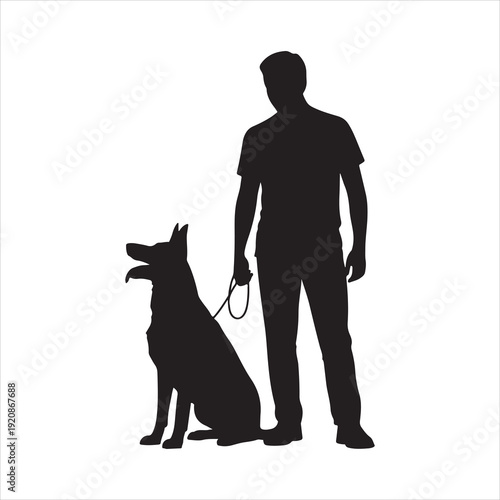 Silhouette of men dog trainer giving command to group of dog in sitting position. Dog Trainer Giving Command to Sitting Dogs Silhouette