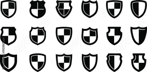 Shield Icons with Cross and Checkered Patterns, Black and White