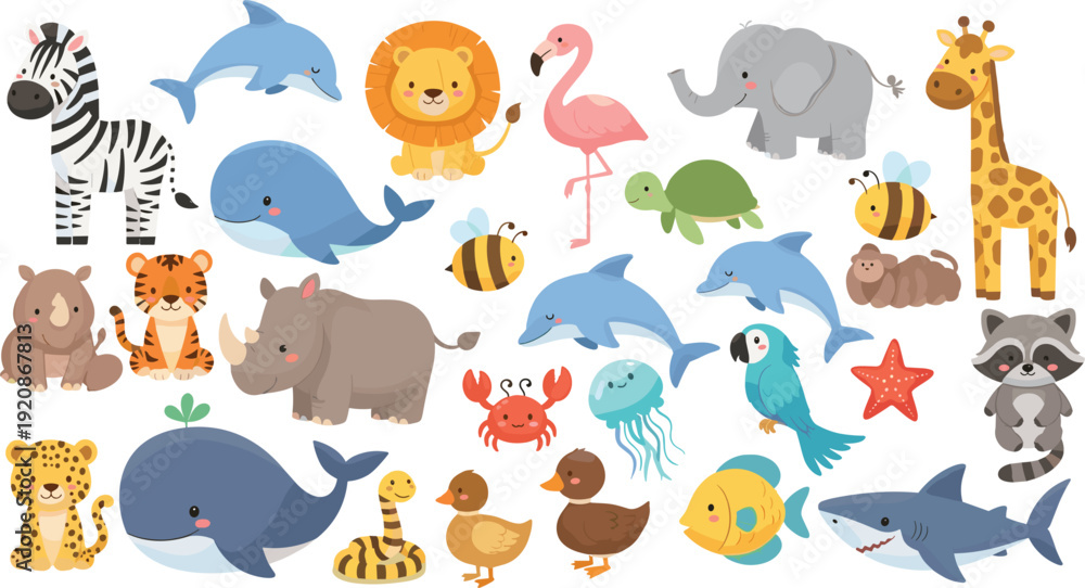 Obraz premium Cute Safari and Ocean Animals Cartoon Mega Set with Lion Elephant Whale Dolphin Shark and Zebra