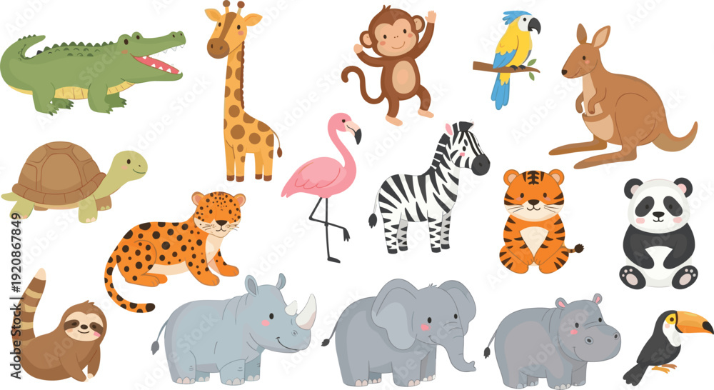 Naklejka premium Cute Safari and Zoo Animals Cartoon Set with Elephant Giraffe Tiger Panda and Crocodile