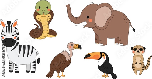 Cute Safari Animals Cartoon Set with Elephant Zebra Toucan Vulture Snake and Meerkat