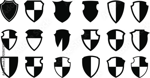 Shield Icons with Cross and Partitioned Designs