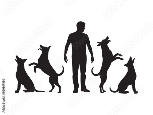 Man training dogs silhouette vector, silhouette of a man training dogs, Dog Trainer with Sitting Dogs Silhouette vector illustration