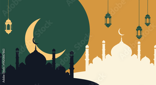 An illustration featuring a mosque silhouette, a crescent moon, and hanging lanterns, symbolizing Eid Mubarak celebrations. Islamic Background