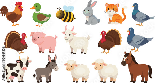 Cute Farm Animals Cartoon Set with Cow Pig Sheep Goat Horse Chicken and Duck