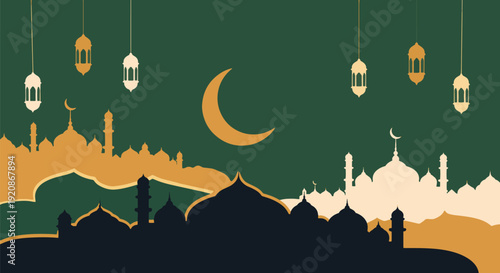 A tranquil illustration featuring mosque silhouettes against a green backdrop, illuminated by a crescent moon and hanging lanterns, evoking a sense of peace and spirituality. Islamic Background