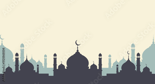 A silhouette of a mosque with a crescent moon on top, surrounded by minarets, against a light background. Islamic Background Islamic Background