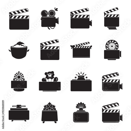 A set of sixteen black and white icons representing various aspects of the movie industry and entertainment, including clapperboards, cameras, and other related symbols.