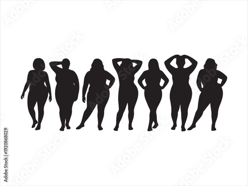 Curvy Women Body Positive Silhouette Collection. 
Black silhouette vector of curvy plus size women vector illustration