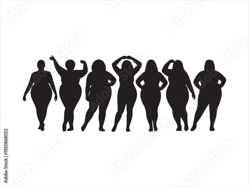Curvy Women Body Positive Silhouette Collection. 
Black silhouette vector of curvy plus size women vector illustration