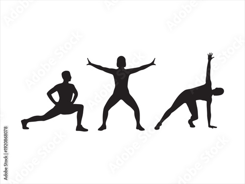 International Yoga Day silhouette icon set, yoga poses and leaf, black silhouette style vector illustration