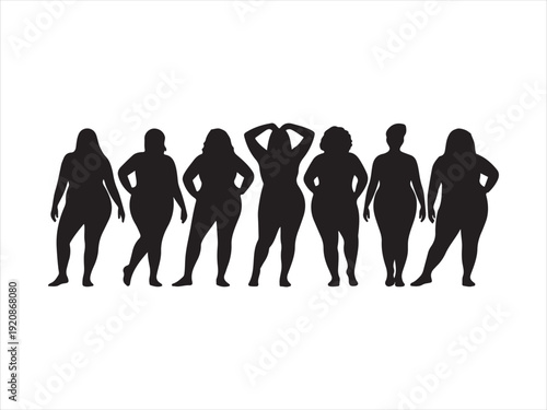 Curvy Women Body Positive Silhouette Collection. 
Black silhouette vector of curvy plus size women vector illustration