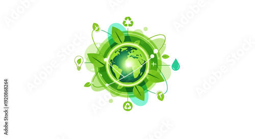 Green Globe Surrounded by Leaves and Bubbles.