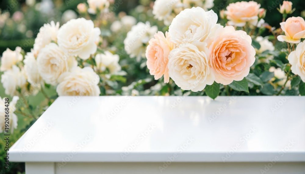Obraz premium White Table with Peach and Cream Roses in Garden
