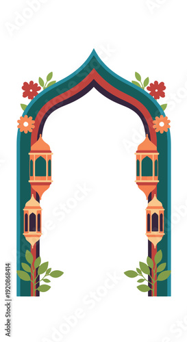 A decorative Islamic-style archway adorned with hanging lanterns and floral accents, creating a festive and welcoming entrance. Islamic Background