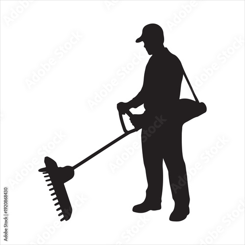 Gardening owing Lawn Tool String Trimmer Silhouette Vector Illustration. Silhouette of Gardener Mowing Lawn with String Trimmer vector illustration

