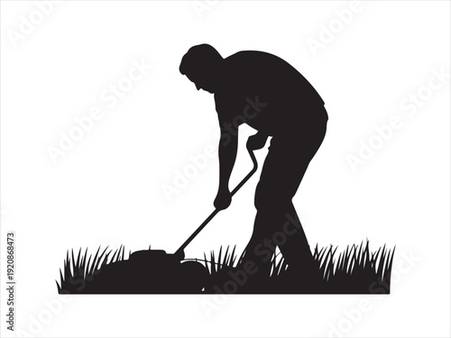 Gardening owing Lawn Tool String Trimmer Silhouette Vector Illustration. Silhouette of Gardener Mowing Lawn with String Trimmer vector illustration
