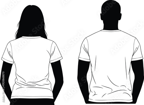 Blank t shirt back view mockup, male and female apparel template isolated on white background illustration