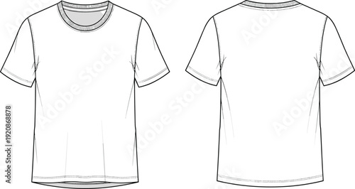 Blank t shirt technical fashion illustration, front and back view basic apparel mockup template line art design