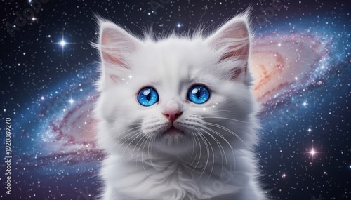 Celestial Kitty: A fluffy white kitten with piercing blue eyes gazes wonderingly against a vibrant backdrop of the cosmos, exuding an aura of otherworldly curiosity and charm.