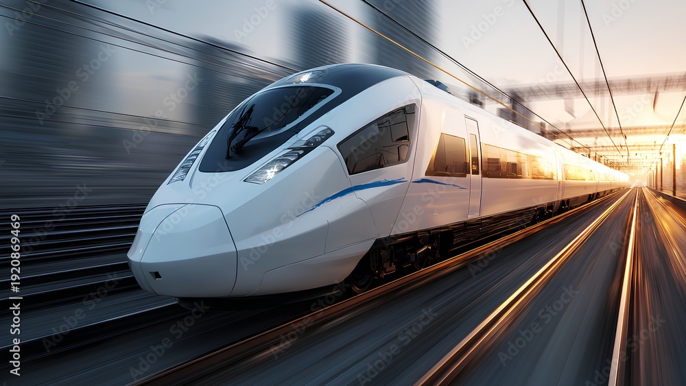 Fototapeta premium Modern High Speed Train Running on Railway at Sunset, Motion Blur Transportation Technology Concept