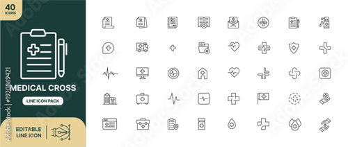 Modern vector line icon set offering 40 editable symbols for medical, healthcare, and wellness industries, ideal for user interfaces, web design, and health-related graphics