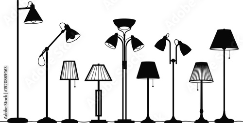 Collection of modern floor lamps silhouettes isolated on light background, minimalist black lighting fixtures set, home interior decor elements, contemporary standing lamp illustration