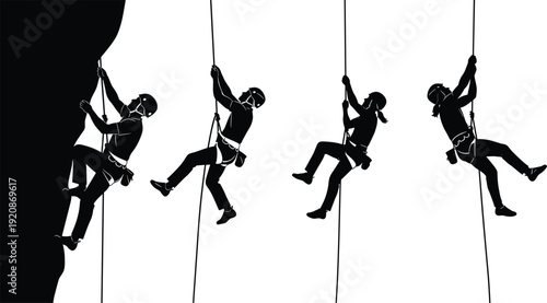 Rock climbing and rope access silhouettes set with climbers rappelling on cliff, extreme sport adventure concept isolated on light background vector illustration