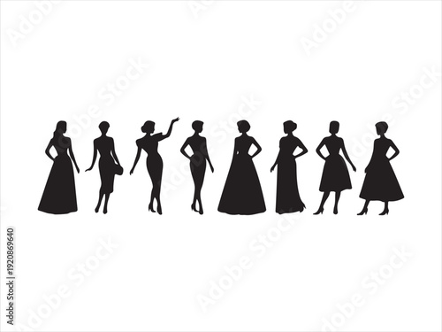 Elegant Women in Dresses Silhouette Set, Elegant female gown silhouettes set showcasing stylish women poses Vector Illustration Isolated on White Background