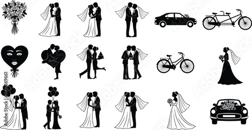 Wedding silhouettes collection with bride and groom couples, bouquet, decorated car, bicycle and romantic love symbols isolated on light background vector illustration set