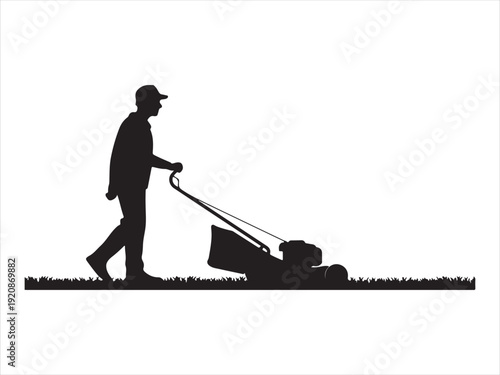 Man mowing lawn with push mower silhouette, Man pushing an old green lawn mower silhouette Vector Illustration Isolated on White Background