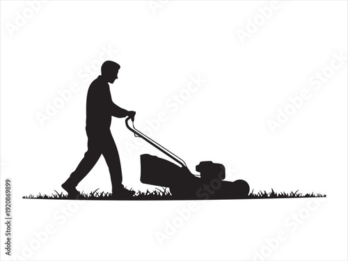 Man mowing lawn with push mower silhouette, Man pushing an old green lawn mower silhouette Vector Illustration Isolated on White Background