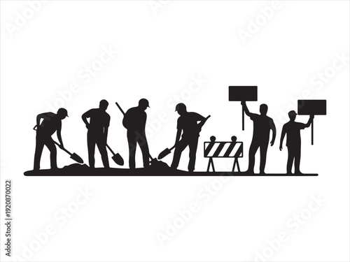 Black silhouette construction site icons set, Road Construction Workers Silhouette Set Vector Illustration Isolated on White Background