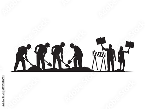 Black silhouette construction site icons set, Road Construction Workers Silhouette Set Vector Illustration Isolated on White Background