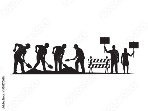 Black silhouette construction site icons set, Road Construction Workers Silhouette Set Vector Illustration Isolated on White Background