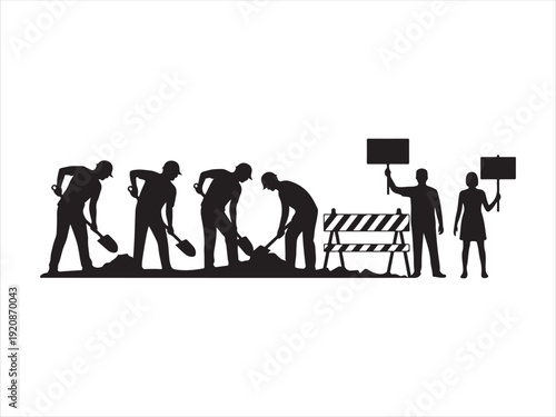 Black silhouette construction site icons set, Road Construction Workers Silhouette Set Vector Illustration Isolated on White Background