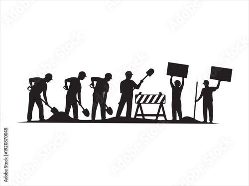 Black silhouette construction site icons set, Road Construction Workers Silhouette Set Vector Illustration Isolated on White Background