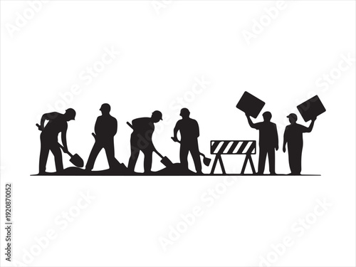 Black silhouette construction site icons set, Road Construction Workers Silhouette Set Vector Illustration Isolated on White Background