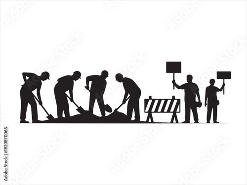 Black silhouette construction site icons set, Road Construction Workers Silhouette Set Vector Illustration Isolated on White Background