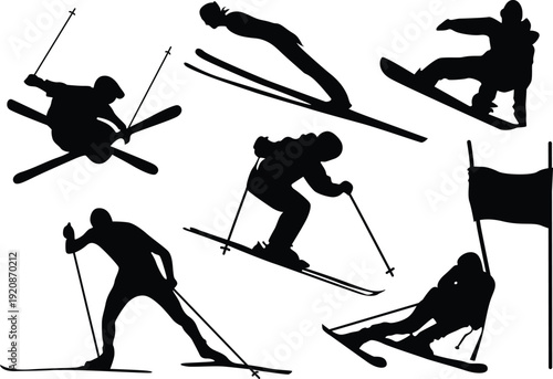 Skiers in action downhill winter sports competition vector illustration flat design